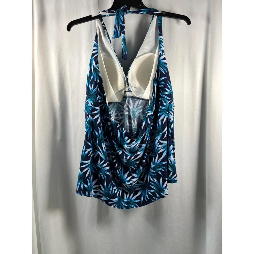 Coastal Blue Womens 3X Tropical‎ Palm Leaf Halter Tankini Top Navy Teal White